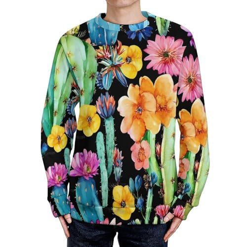 Watercolor Cacti Cactus Flowers Men's Crew Neck Sweater Knit Pullover Women Casual Long Sleeve Crewneck Loose Fit Top