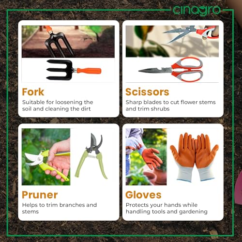 Image of Cinagro Garden Tools Kit (Set of 8) Weeder, 2 Trowels, Hand Fork, Cultivator, Scissors, Pruner, Gardening Hand Gloves | Gardening Tools Kit for Home Garden, Garden Accessories Home Gardening