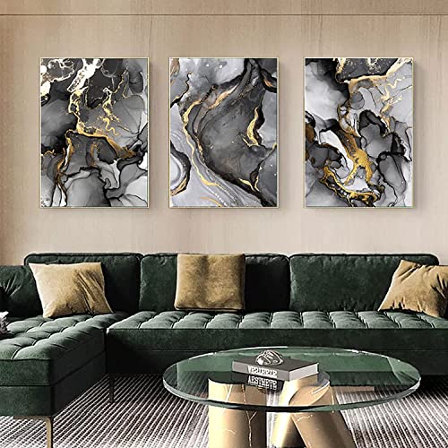GHJKL Set di quadri astratti, moderni, su tela, per soggiorno, camera da letto, nero, oro, arte decorativa, senza cornice, 50 x 70 cm, X3 pezzi
