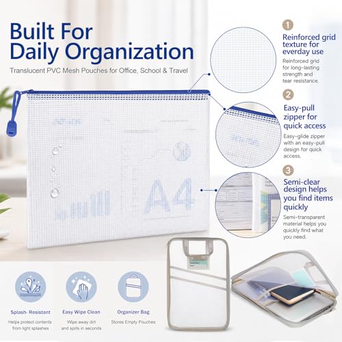 7 Pack PVC Mesh Zipper Pouch Set with 1 Organizer Bag A4/Letter Size Translucent File Bags Water-Resistant Plastic Document Pouches for Office College School & Travel Supplies (8pcs) — view 5