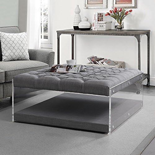 Inspired Home Audrey Linen Modern Contemporary Oversized Button Tufted Clear Acrylic Sides Ottoman, Light Grey