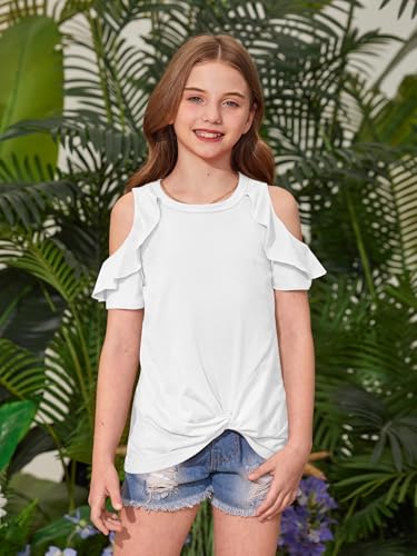 Image of BesserBay Girls Cold Shoulder Tops Twist Front Tunic Ruffle Sleeve Summer Blouses 5-14 Years