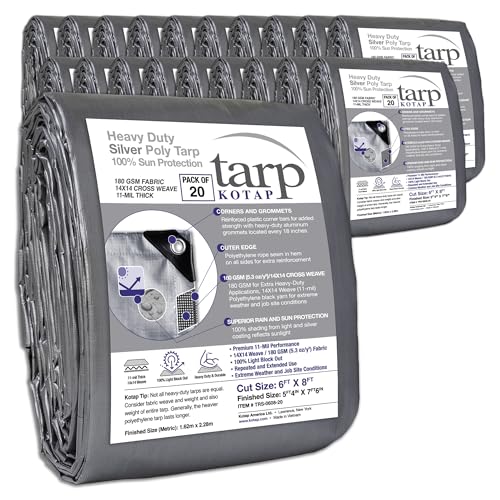 KOTAP Heavy-Duty Protection/Coverage Tarp, 10-mil, Silver, Cut Size 6 ft. X 8 ft./Finished Size 5 ft. 4 in. X 7 ft. 6 in, TRS-0608, Multi-Use, Waterproof (20-Pack)