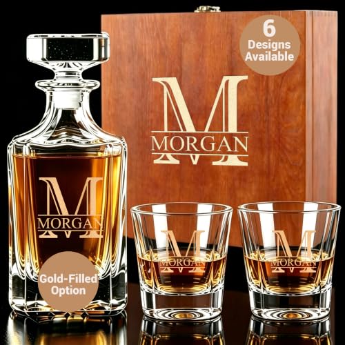 Personalized Whiskey Decanter Set with Wood Gift Box & 25oz Square Decanter