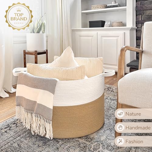 Image of INDRESSME XXXLarge Jute Rope Basket 21.7 inch x 21.7 inch x 13.8 inch Woven Baby Laundry Baskets for Blankets Toys Storage Basket with Handle Comforter Cushions Storage Bins Thread Laundry Hamper