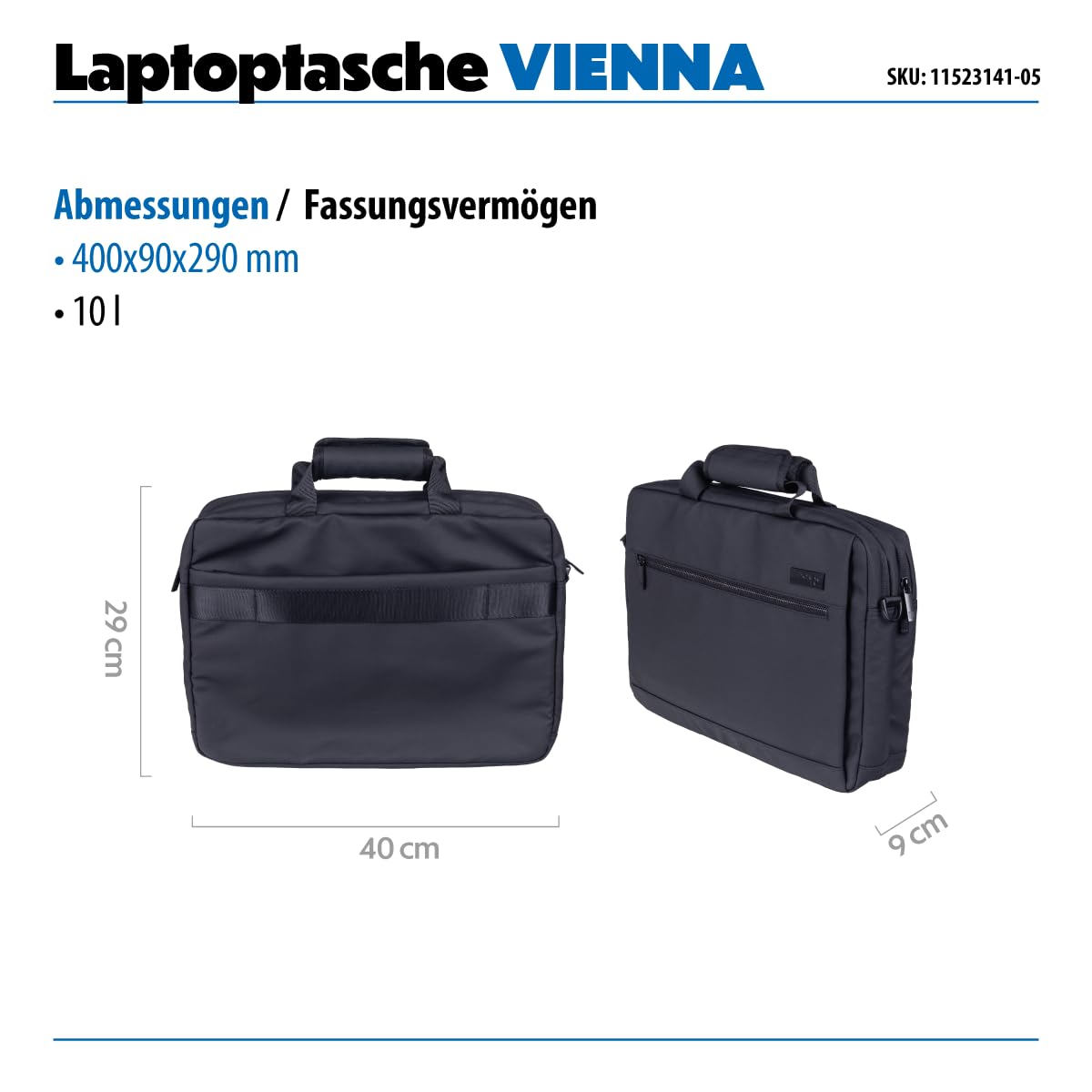Vienna Borsa per laptop/ 15,6"/ lavoro/Per viaggi/Impermeabile/ 40 x 9 x 29 cm/ 10 litri/nero/Borsa elegante