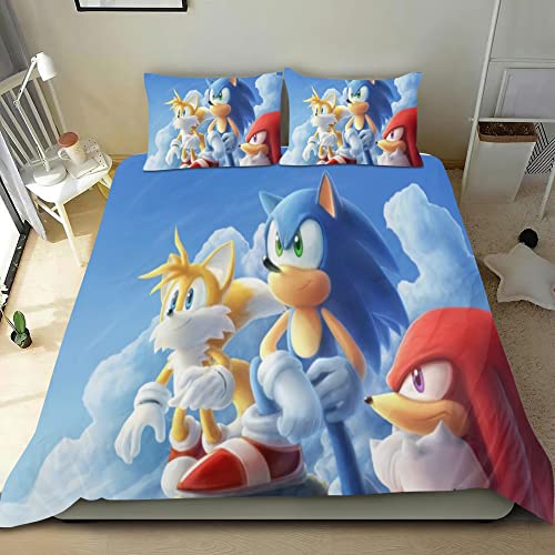 Amacigana 3D Sonic The Hedgehog - Juego de ropa de cama para cama individual, doble, microfibra, funda nórdica y funda de almohada de 75 x 50 cm y 80 x 80 cm (A5, 135 x 200 + 80 x 80 cm)