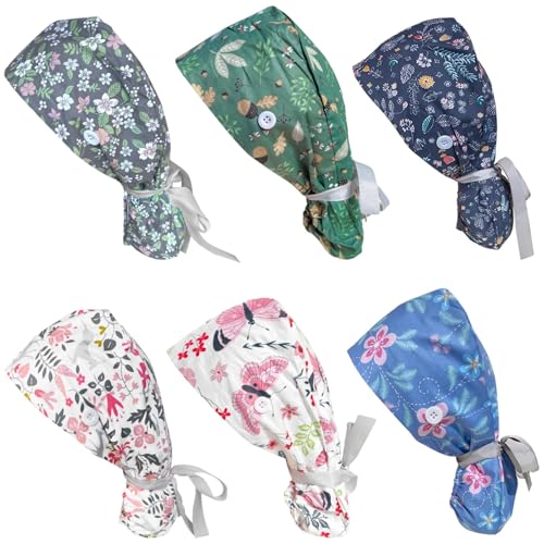 6 Stück gefütterte OP-Hauben für Krankenschwestern, OP-Hüte für Frauen mit Gummiband, Pferdeschwanz, verstellbarer Tasche und Bindeband hinten