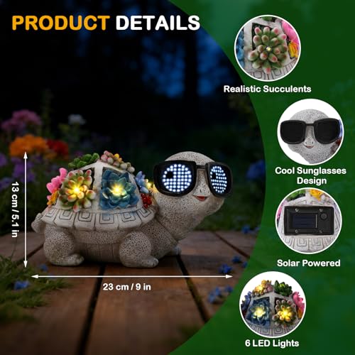 Solar Gartenfiguren Schildkröte Gartendeko für Draußen, Wetterfeste Schildkröte Gartenfigur mit Sukkulenten & LED Leuchten, Geschenk für Mama/Frauen, Deko für Balkon, Terrasse und Rasen
