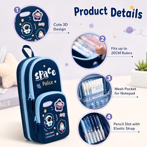 Image of WireScorts Space Police Multifunctional Pencil Pouch | Large Capacity 3 Zipper Pencil Case with Multiple Compartments | Stationery Organizer for School Kids | Durable Fabric, Cute Space Police Design