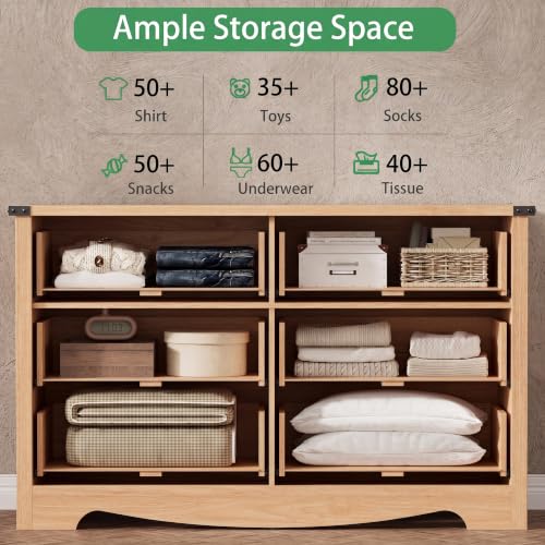 Image of Dresser for Bedroom with 6 Drawers, 54 inch Wide Wood Chest of Drawers with Deep Drawers & Mental Handle, Modern Dresser TV Stand, Wooden Closet Storage Organizer for Living Room, Hallway, Entryway, Oak