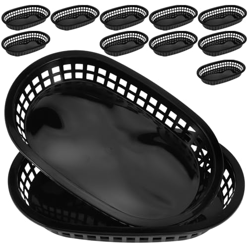 12 Piezas Cestas De Plástico Para Comida Rápida, Bandejas Para Patatas Fritas, Hamburguesas, Perritos Calientes, Frutas, Fáciles De Limpiar Y Apilables, Color Negro