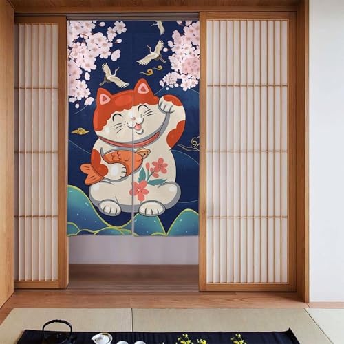 のれん 間仕切り 縁起物 ねこ 招き猫 開運 ドアカーテン 目隠し 開運のれん 遮光のれん 暖簾 玄関 おしゃれ 飾り 階段カーテン 出入り口 断熱防寒 リビング 洗面所 台所 風呂 和室 居酒屋 飲食店 パーテーション 部屋飾り 四季兼用 86x143c