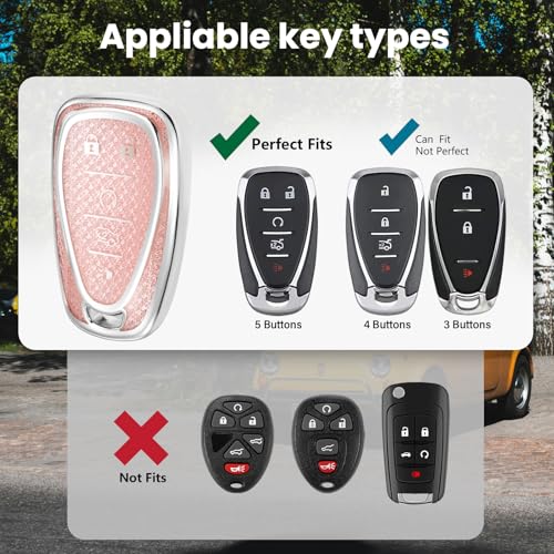 Image of for Chevy Key Fob Cover with Fashionable Zirconia Wristlet KeyChain, Enchanting Diamond Patterns Soft Case for Malibu Equinox Blazer Traverse Volt Bolt Sonic (5 Buttons) Shell (Pink, B)