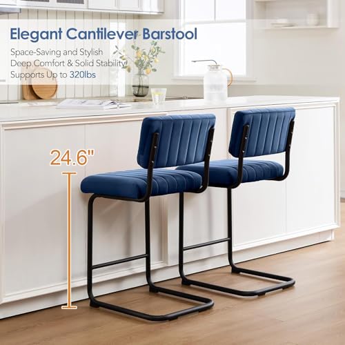 Image of ONEVOG 24 Inch Counter Bar Stools Set of 2, Mid-Century Modern Counter Height Cantilever Bar Chairs for Kitchen Island, Upholstered Velvet Fabric Barstools with Back and Matte Metal Legs, Navy Blue