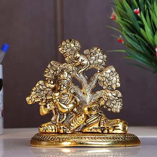 Image of KridayKraft Lord Krishna Metal Statue, Krishna Murti Playing Flute with Cow for Temple Pooja, Decor Your Home, Office & Gift Your Relatives, Showpiece Figurines, Religious Idol