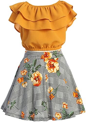 Image of Cold Shoulder Crop Top Ruffle Layered Top Flower Girl Skirt Sets for Girl