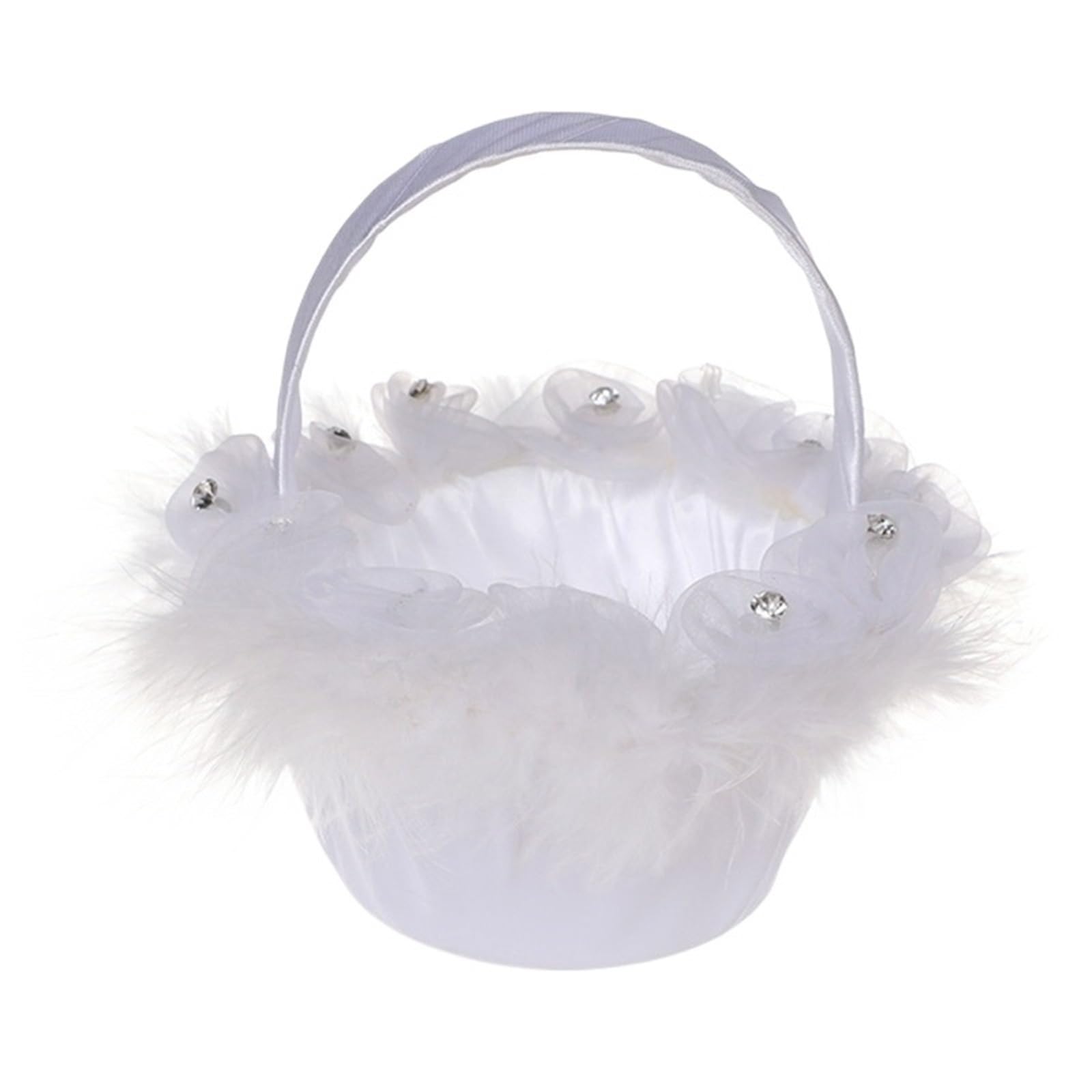 Flower Girl Bow Basket White Satin Lace Faux Flowers