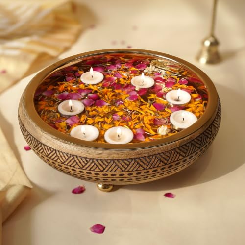 Image of BEHOMA Wood & Metal Urli Tray, 12 inch, Mocha Brown | Wood & metal urli tray in mocha brown, 12 inch; ideal festive gift for Durga Puja & Navratri decor, 1L.