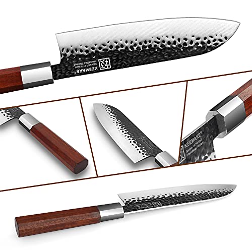 Santoku Knife 7 inch Kitchen Knife Japanese Chef Knife with w/octagon Ebony Wood Handle,Forged German High Carbon Steel Asian Vegetable Knife - Keemake