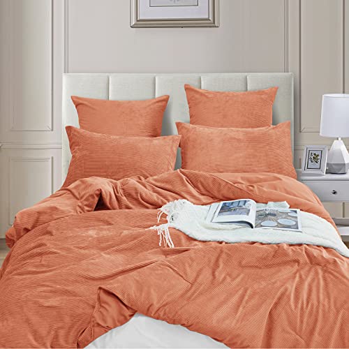 Phf Luxurious Velvet Corduroy Comforter Set Queen, 5Pcs Ultra Soft Warm Comforter Set For Fall And Winter, Luxury Cozy Flannel Bed In A Bag, Include Comforter, Pillow Shams And Euro Shams, Rust Orange #TOP2