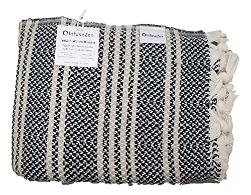 Infusezen Turkish Throw Blanket Made From 100% Turkish Cotton, Large Lightweight Handwoven Sofa Throw, Partial Bed Cover Or Loveseat Blanket (Black With Beige Stripes) #TOP7