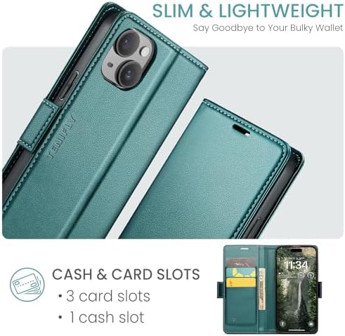 Tenifly for iPhone 13 Case Wallet with RFID Blocking Card Holder, PU Leather Kickstand Protective Flip Phone Cover Fit for iPhone 13 6.1", Bluish Green - 1