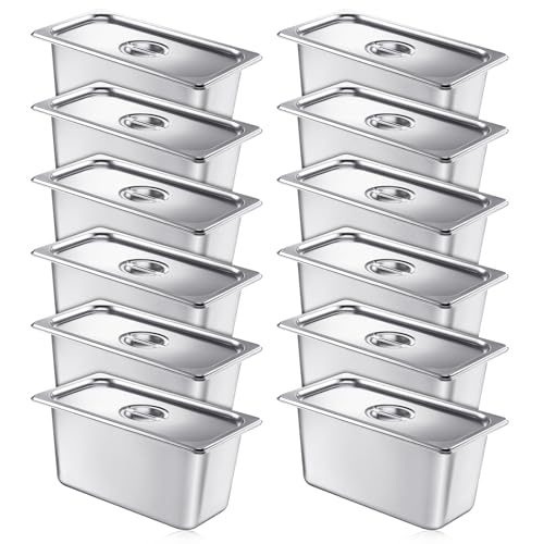 Image of Mifoci 12 Pack Stainless Steam Hotel Pan with Lid, 1 /3 Size x 6 Inch Deep Restaurant Supplies Reusable Anti Rust Steam Water Pan for Home, Party, Restaurant, Hotel, Buffet
