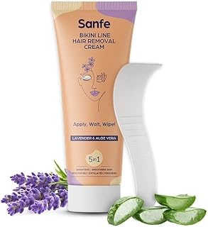Sanfe Bikini Line Hair Removal Cream with Spatula and Intimate Wipes - 100g - Natural and Safe for sensitive skin - Lavender, Aloe Vera, Shea Butter