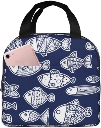 さかな まだら 魚柄 紺色 手描き 北欧風(1) エコバッグ 折りたたみ 保冷保温 ランチバッグ かわいい 保冷バッグ ファスナー付き ブラック お弁当箱 軽量 コンパクト 保冷トートバッグ コンビニバッグ シンプル 男女兼用 通勤 通学
