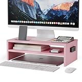 BONTEC Wooden Monitor Stand Riser, 2-Tier Desk Shelf with Storage Organizer, Ergonomic Computer Stand with Cable Management, Cellphone Holder, Pink, 16.5 Inch