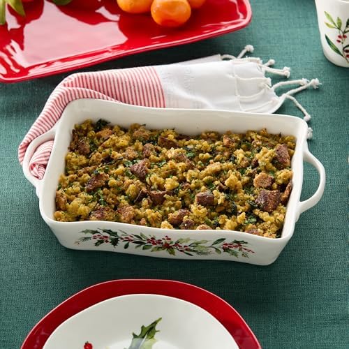 Holly and Vines Large Rectangular Baker, 150 oz Stoneware Casserole Dish for Roasting, Lasagna, Holiday Entrees & Oven-to-Table Serving, Microwave & Dishwasher Safe, Christmas Bakeware - Thumbnail 4