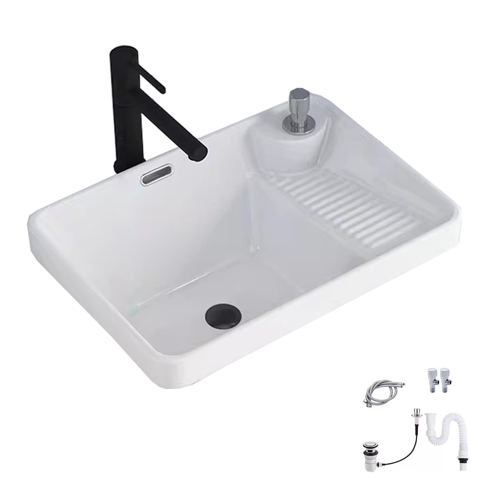 Halb versenktes Waschbecken mit ausziehbarem Wasserhahn, weißes Keramik-Spülbecken mit Waschbrett und Ablaufkontrolle, perfekt für Waschküche oder Garage