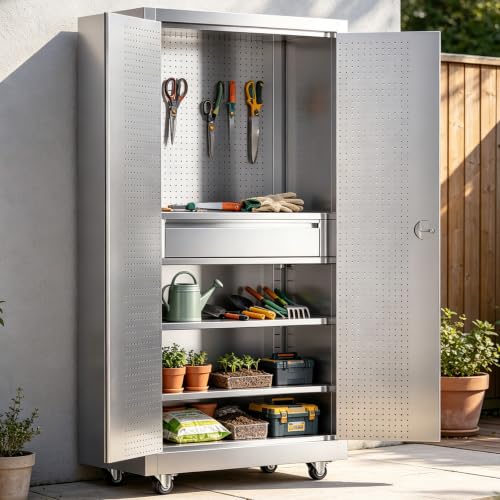 Image of 74 inch Full-assembled Stainless Steel Storage Cabinet with Pegboard and Drawer