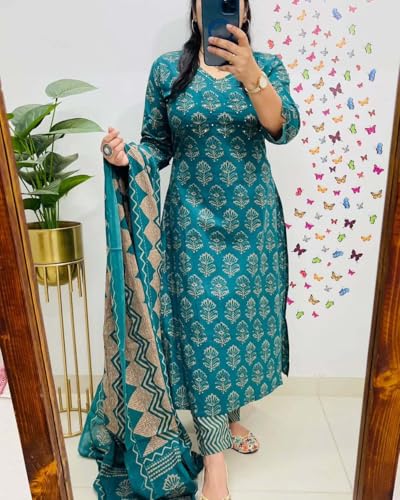 Image of Rangnavi Women's Cotton Trending Straight Kurta with Pants and Dupatta Set | Ethnic Set (Teal)