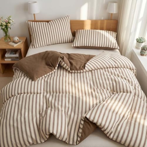 Image of Nayoroom Striped Duvet Cover Queen Reversible Beige Brown Stripe Bedding