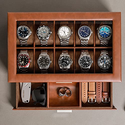 Rothwell 10-Slot Watch Box In Leather With Valet Drawer, Luxury Watch Case Display Organizer With Ultra Soft Microsuede Liner, Jewelry And Sunglass Holder With Large Glass Top (Tan/Brown) #TOP2