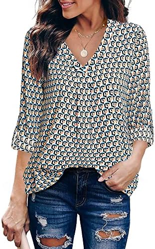 Youtalia Plus Size Tunic Blouses for Leggings, Women's Tops 3/4 Cuffed Sleeve Elegant V Neck Blouses Stylish Geometric Shirts Loose Fit Casual Chiffon Tunic Tops Blue Beige X-Large
