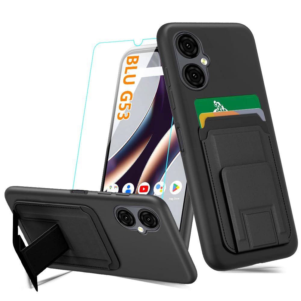 Pusiikeer Compatible for BLU G53 Phone Case with Tempered Glass Screen Protector, Folding Card Holder/Slots Kickstand/Stand Wallet Case Silicone TPU Shockproof Protective Case for BLU G53 - Black
