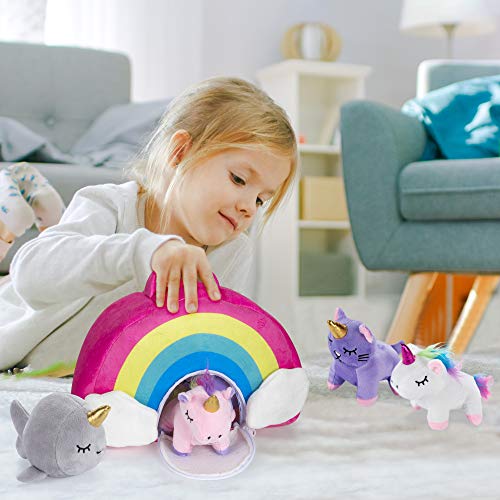 Stuffed Toy Unicorn Animal Set – Set Of 5 Stuff Toys For Toddlers - With Rainbow Carry Bag - 2 Unicorns, Kitty, Puppy, And Narwhal – Toddler Gifts For Girls Age 3, 4, 5, 6, 7, 8 Year Old #TOP5