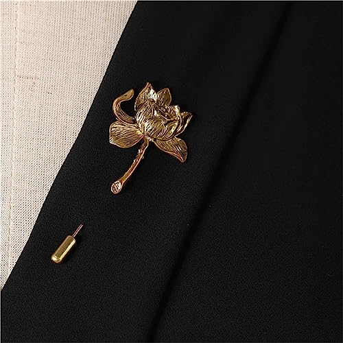 Image of Ancient Lotus Brooch Pin for Men Women Personalized Vintage Gold Silver Carved Pool Pond Flower Elegant Traditional Suit Clothes Dress Decoration Jewelry Gifts