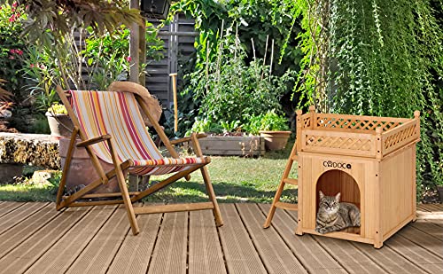 CADOCA® Tierhaus FSC®-Zertifiziert Kiefer 65x55x54cm 2-stöckig Treppe Sonnenterrasse Katzenhaus Katzenhütte Hundehütte Katzenvilla Lodge Balkon