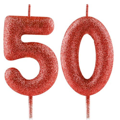 FUNCANDLE 2.36inch Glitter Red Birthday Candles,Number 50 Candle,Happy 50th Birthday Candles fors Cake Topper Men Women Party Celebration Anniversary Decoration