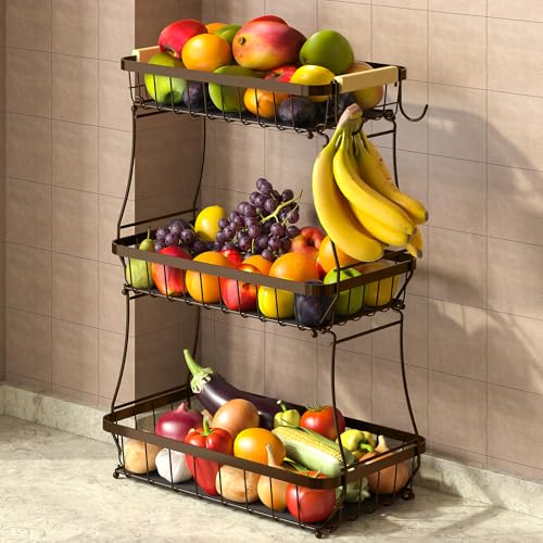 Sevenblue 3-Tier Fruit Basket with Banana Hangers, Detachable Metal Bowl