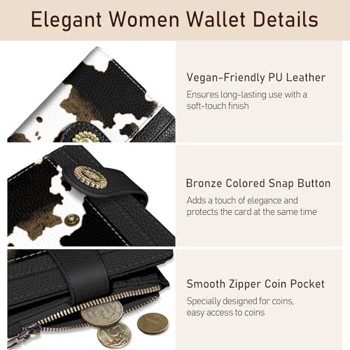 Image of Kelvoris Cow Print Black Small Rfid Women Wallet Bifold Zipper Coin Pocket | PU Leather Compact Cash Credit Card Holder Travel Purse for Female Ladies Teen Girls 1 ID Window 10 Card Slots