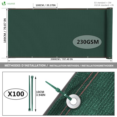 Image of VOUNOT Privacy Netting 1.8x20m Garden Screening 230 g /m HDPE Shading Net, 95% Shading Rate UV-Resistant, Tear-Resistant Windbreak Fencing with Holes and Cable Ties, Green