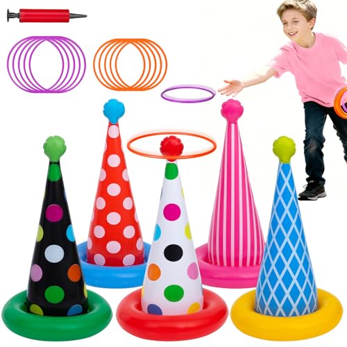 Inflatable Ring Toss Game, Birthday Party Games Ring Toss Game for Kids Adults Birthday Party Decorations Lawn & Yard Games Toys for Family 5-Pack with 10 Plastic Rings