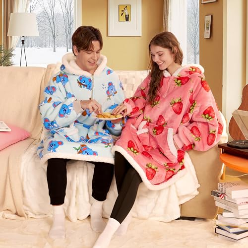Image of Giggling Getup Wearable Blanket Hoodie for Adults Gifts for Teen Girls Sister Women Sherpa Fleece Printed Hooded Blanket Sweatshirt Warm Cozy with Pocket & Sleeves Pink Strawberry