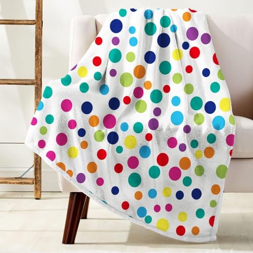 Image of Clolrful Polka Dots Rainbow Throw Blankets, White Modern Geometric Soft Cozy Flannel Warm Blanket for Bedroom Living Room Home, Plush Throw Blanket Camping Travel Couch Sofa Kids, 50 x 60