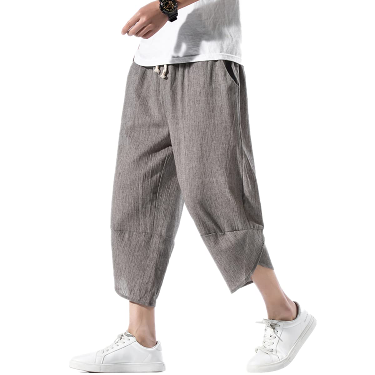 INVACHI Mens Casual Elastic Waist Linen Capri Pants Wide Leg Baggy Cotton Harem Yoga Trousers